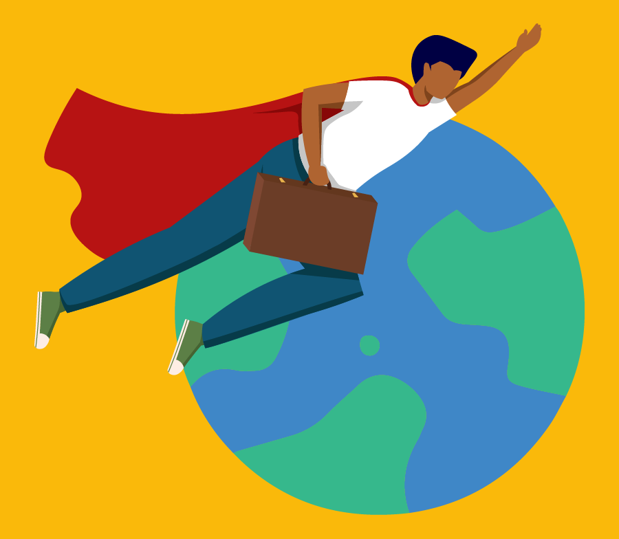 Illustration of man wearing cape flying past the globe to illustrate best colleges in usa